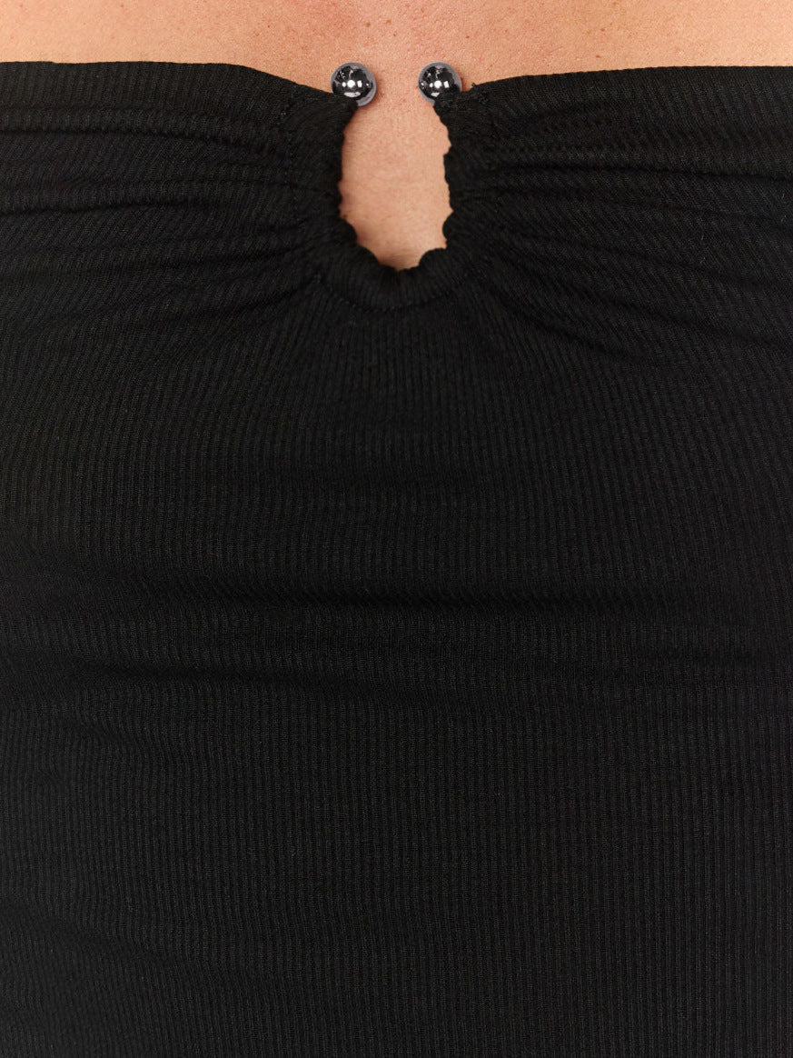 Sultyra Off-Shoulder Metal Buckle Ruched Slim Fit Long Sleeve