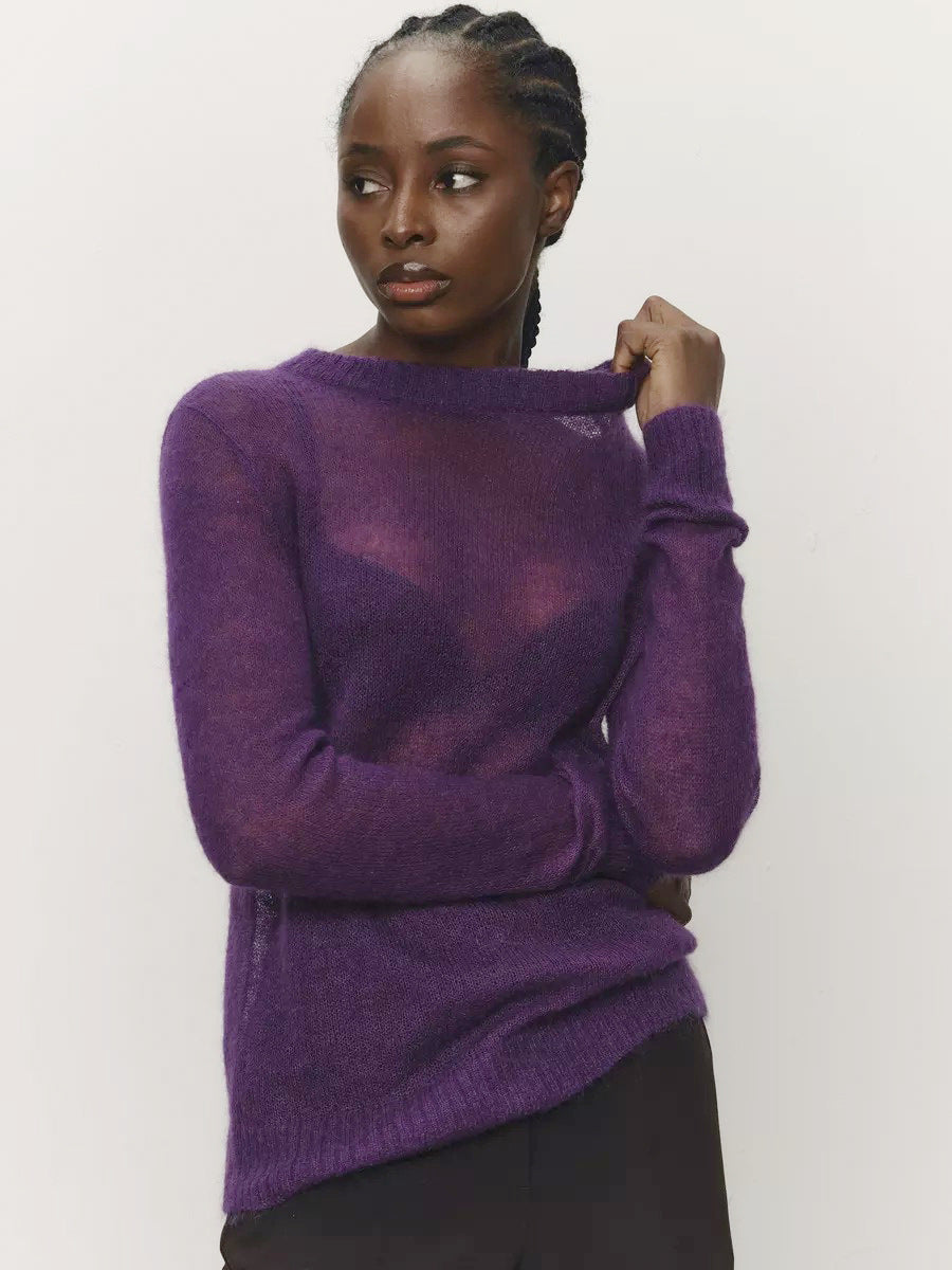 Cross-border Mohair Crew Neck Pullover Sweater European and American Style2025Spring and Summer New Comfortable Knitted Base Semi-Transparent Sweater for Women