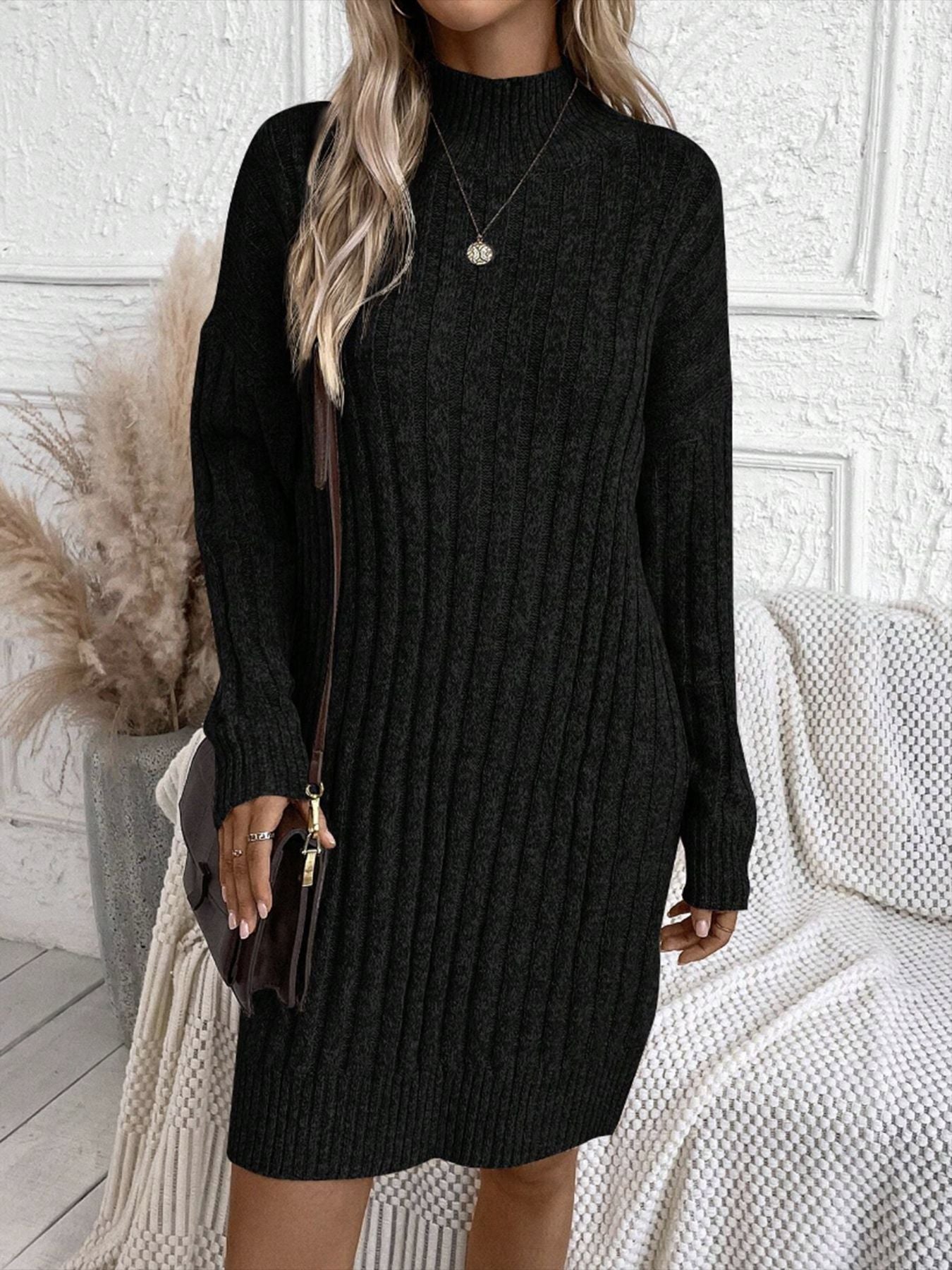 Sultyra High Neck Long Sleeve Loose Knitted Bodycon Dress