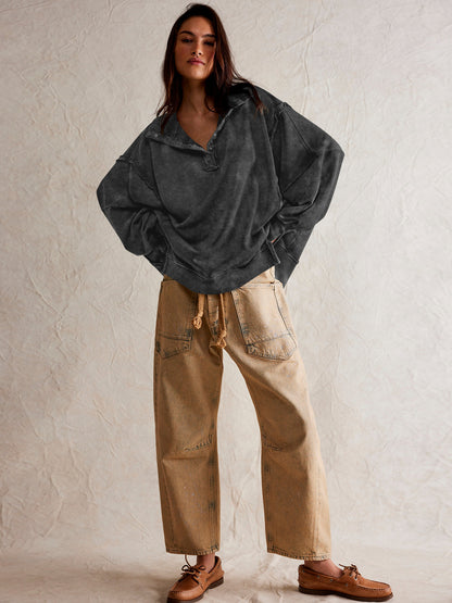 Sultyra Decorative Line Design Sense Top with Slit Lantern Sleeves polo