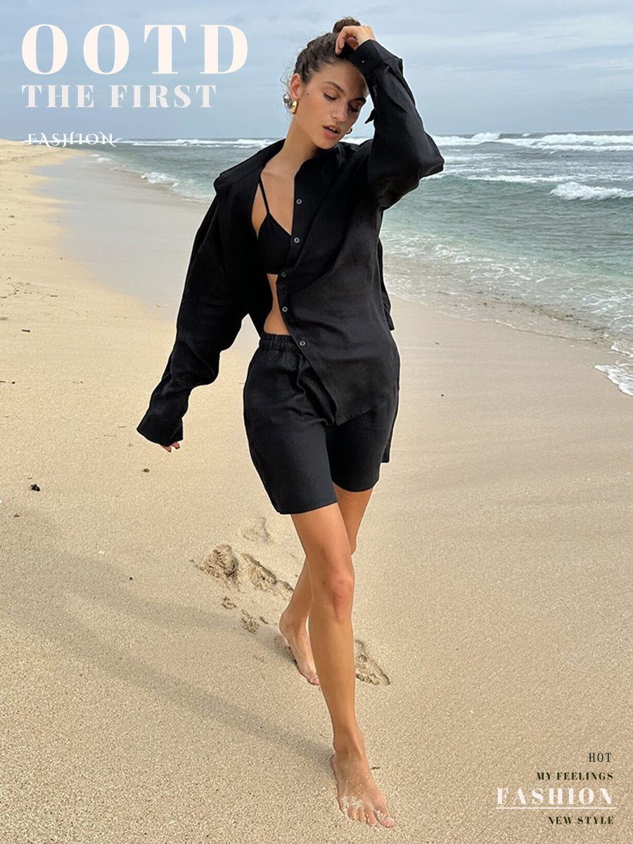 Cross-border pure cotton cardigan long sleeve shorts set2025Spring and summer outerwear simple solid color European and American style casual suit for women