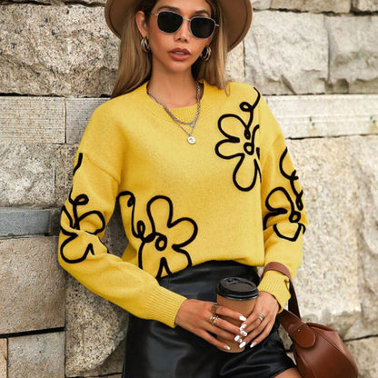 Cross-Border European and American Autumn Winter New Women's Sweater Fashion Flower Three-Dimensional Embroidery Round Neck Pullover Long Sleeve Knitted Sweater for Women