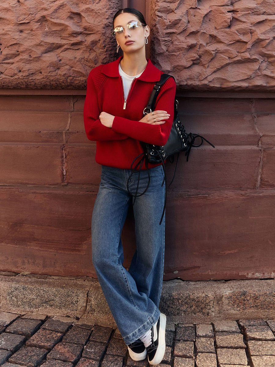 Cross-Border European and American Style2025Autumn and Winter New Trend Versatile Simple Casual Polo Turn-Down Collar Pullover Knitted Sweater