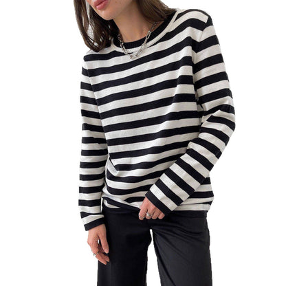 Cross-border Round Neck Knitted Striped Sweater European and American Style2025Spring Versatile Classic Retro Striped Pullover Sweater for Women