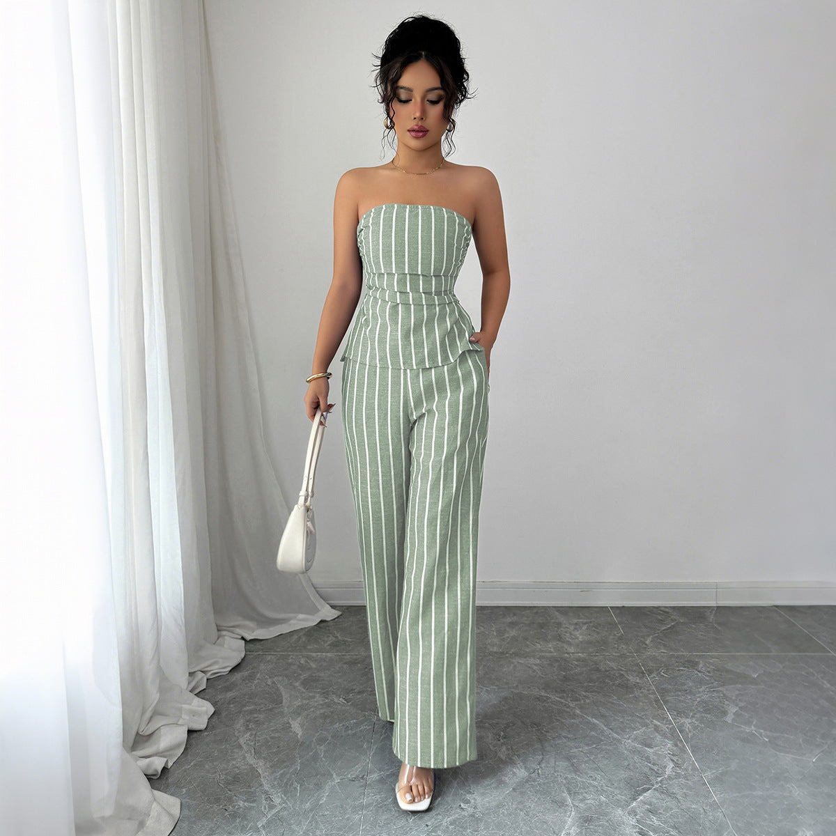 Cross-border Fashion Elegant Strapless Striped Long Pants Two-piece Set Women's Clothing2025Spring and Summer Amazon Non-Iron Comfortable