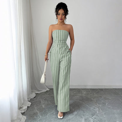Cross-border Fashion Elegant Strapless Striped Long Pants Two-piece Set Women's Clothing2025Spring and Summer Amazon Non-Iron Comfortable