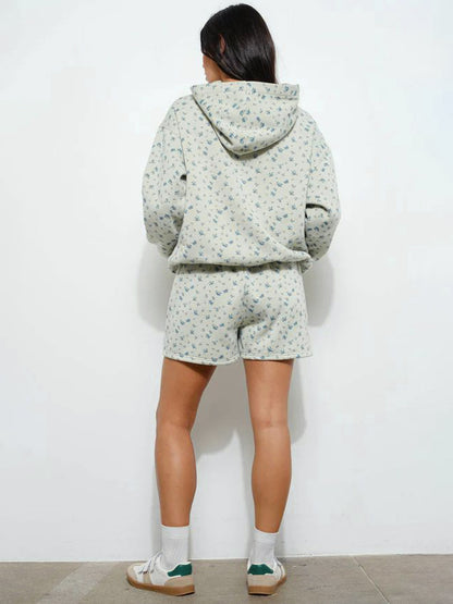 Sultyra Floral Casual Hooded Sweatshirt High Waist Comfortable Shorts Set