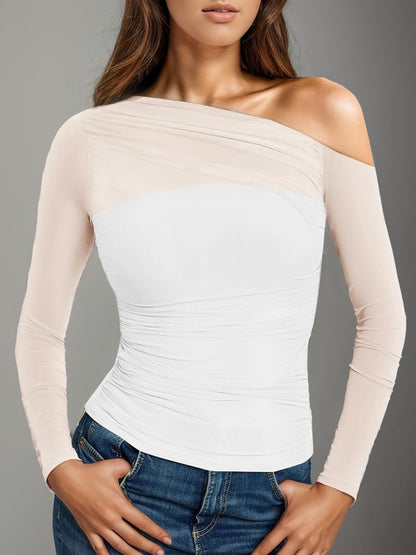 European and American Autumn New Foreign Trade Mesh Patchwork Sheer Asymmetrical Long Sleeve T T-shirt Pure Desire Sexy Unique Regular Shoulder Top