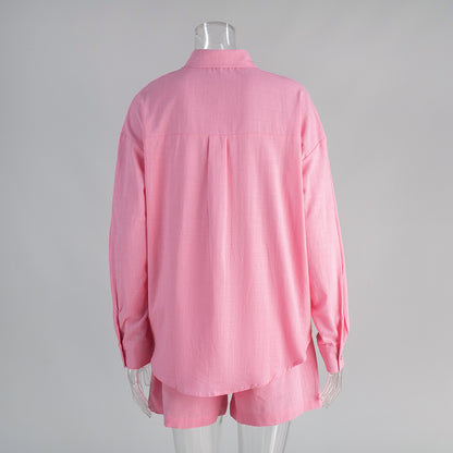 Cross-border pure cotton cardigan long sleeve shorts set2025Spring and summer outerwear simple solid color European and American style casual suit for women