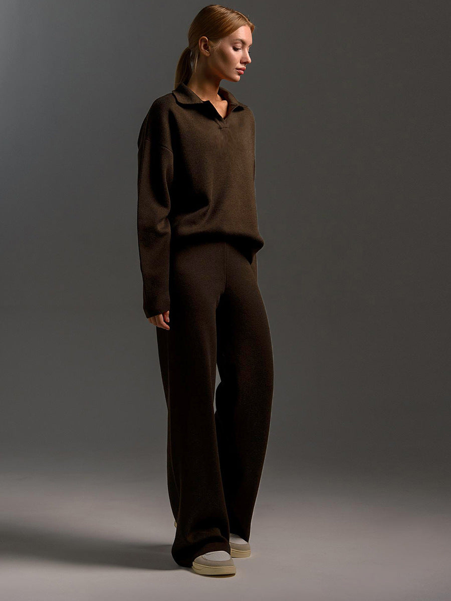 Sultyra Sweater Suit Polo Knitted Pullover Sweater+Wide-leg Pants Two-piece Set