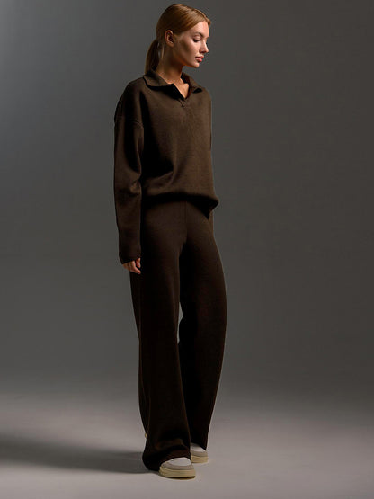 Sultyra Sweater Suit Polo Knitted Pullover Sweater+Wide-leg Pants Two-piece Set