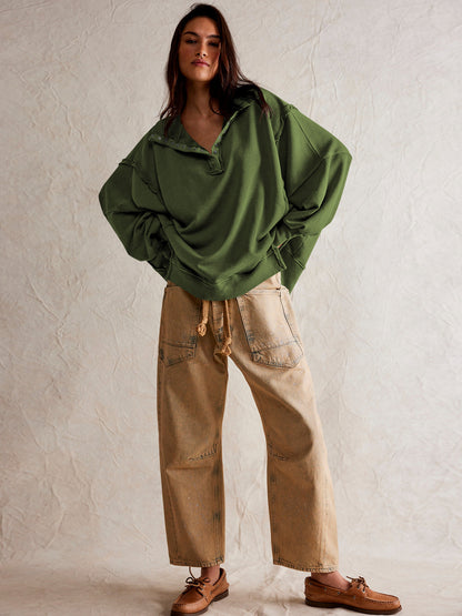 2024Amazon Hot-Selling Design Women's High-Quality Lantern Sleeve Decorative Line Split Collar Loose Sweatshirt