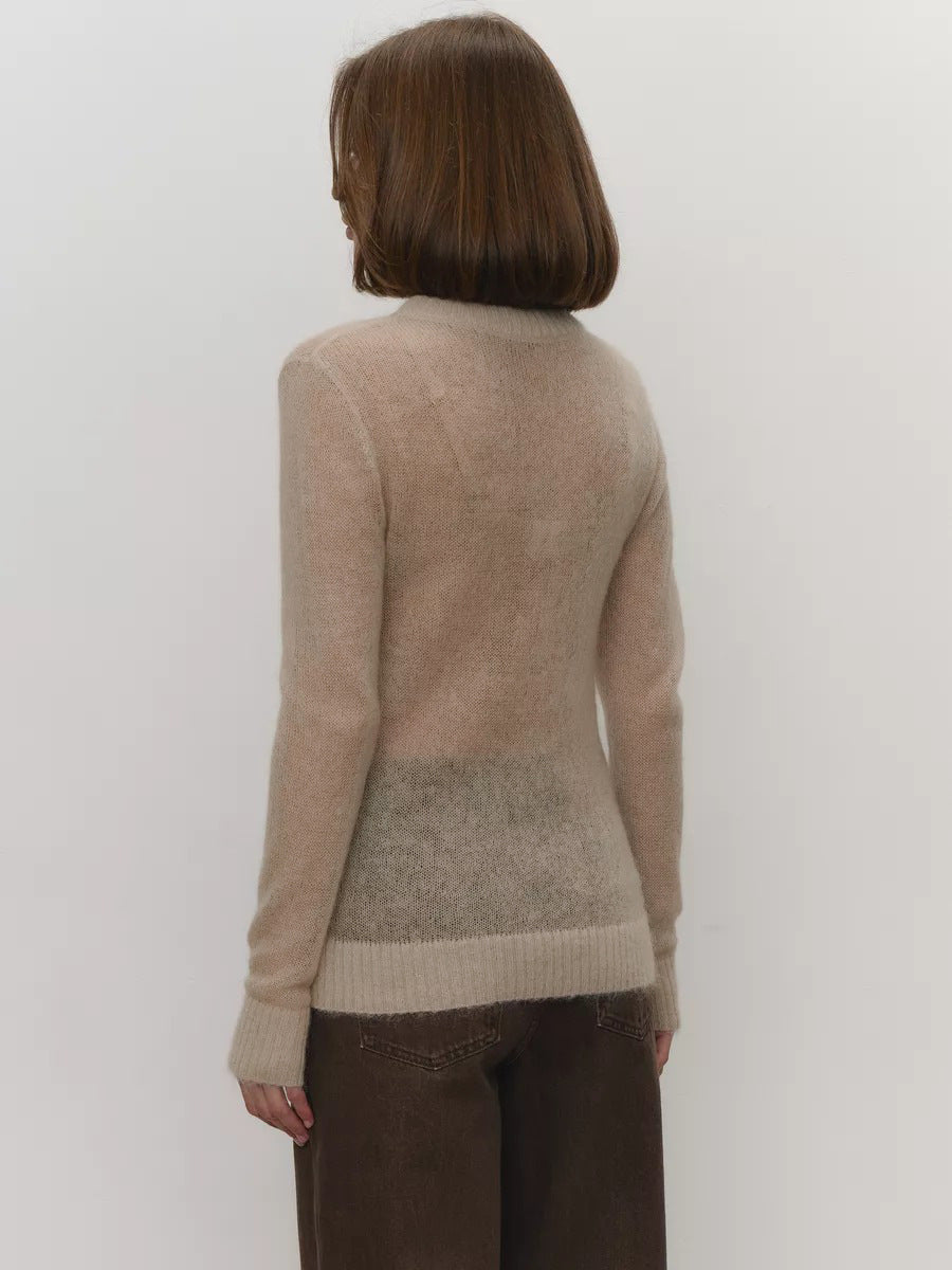 Cross-border Mohair Crew Neck Pullover Sweater European and American Style2025Spring and Summer New Comfortable Knitted Base Semi-Transparent Sweater for Women