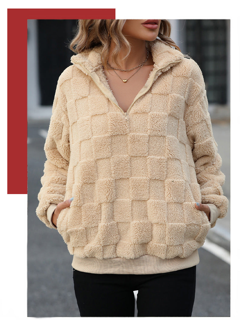 2024Shiny Velvet Autumn Winter New European and American Cross-Border Women's Half-Zip Stand Collar Loose Plaid Fuzzy Pullover Sweatshirt