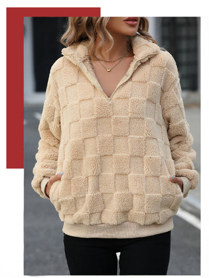2024Shiny Velvet Autumn Winter New European and American Cross-Border Women's Half-Zip Stand Collar Loose Plaid Fuzzy Pullover Sweatshirt