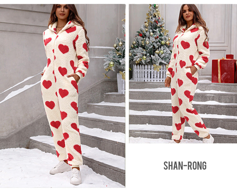 Shiny Velvet2023Cross-border European and American Women's Clothing Amazon Autumn and Winter New Plush Love Heart Print Christmas Hooded Jumpsuit