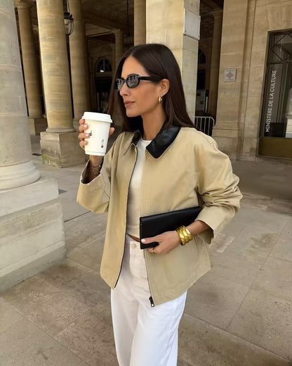 Cross-Border Foreign Trade Women's Clothing2025Autumn European and American Style Turn-Down Collar Long Sleeve Retro Color-Block Jacket Baseball Coat for Women A15057