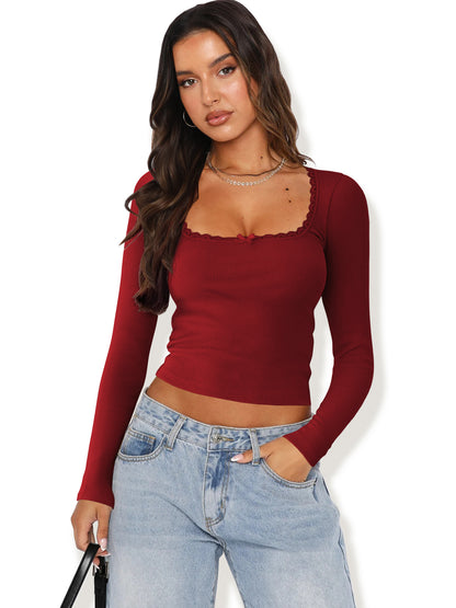 New Long Sleeve t T-shirt Women's Clothing wish Cross-border Trendy Brand Slim Fit Lace Patchwork Hot Girl Top U Collared Base Shirt