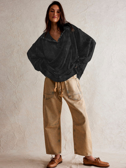 Sultyra Decorative Line Design Sense Top with Slit Lantern Sleeves polo