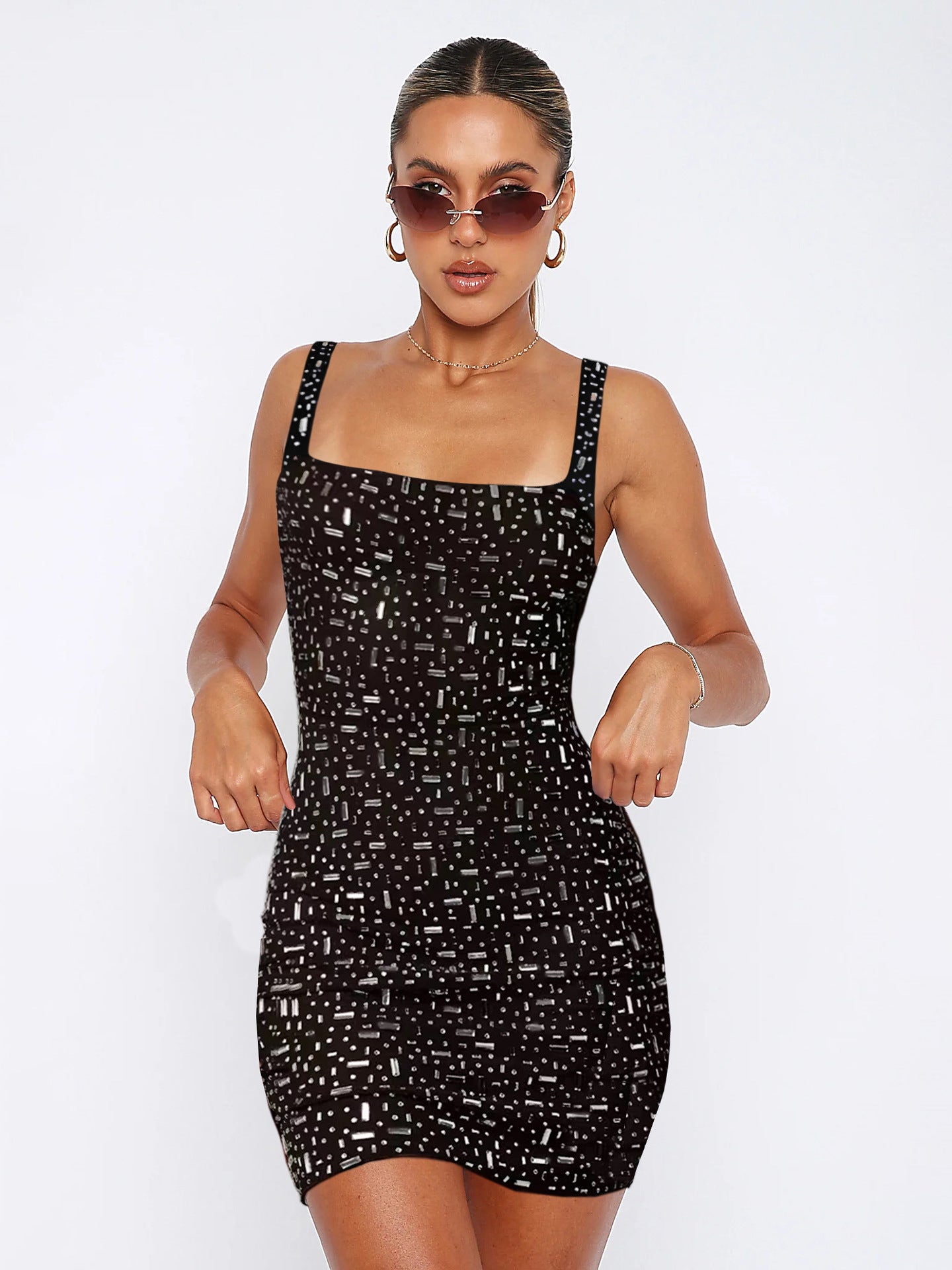 Sultyra Square Neck Rhinestone Backless Strap Sexy Bodycon Dress Short Dress
