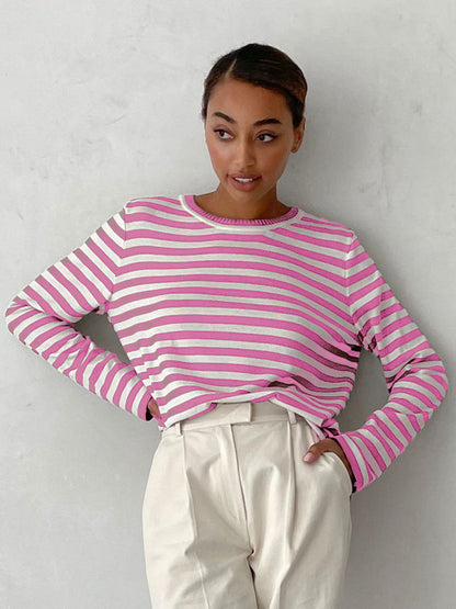 Cross-border Round Neck Knitted Striped Sweater European and American Style2025Spring Versatile Classic Retro Striped Pullover Sweater for Women