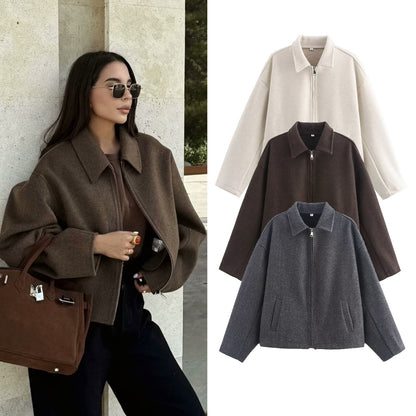 2025Autumn Fashion Three-Color Solid Wide Zipper Wool Coat Cross-Border Amazon Women's Clothing B88780