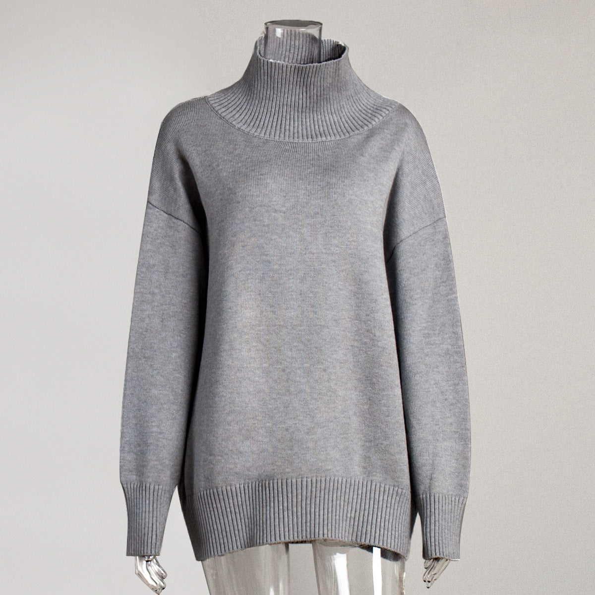 Cross-Border2025Hot-Selling European and American Style Autumn Winter Solid Color High Neck Knitted Sweater Loose Slimming Versatile Knitted Sweater for Women