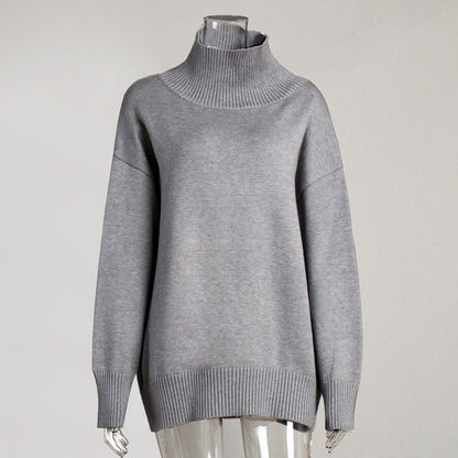 Cross-Border2025Hot-Selling European and American Style Autumn Winter Solid Color High Neck Knitted Sweater Loose Slimming Versatile Knitted Sweater for Women