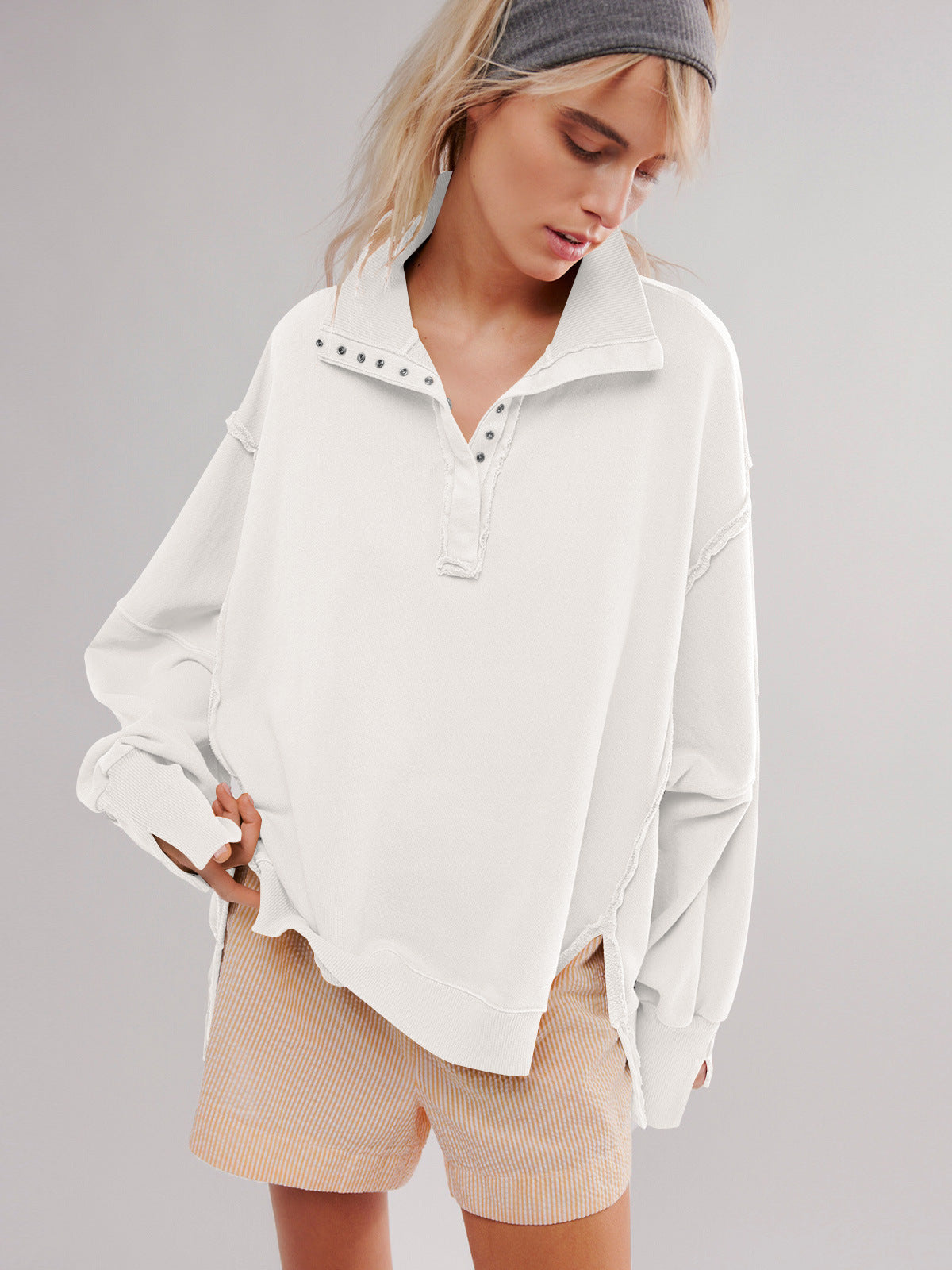 2024Amazon Hot-Selling Design Women's High-Quality Lantern Sleeve Decorative Line Split Collar Loose Sweatshirt