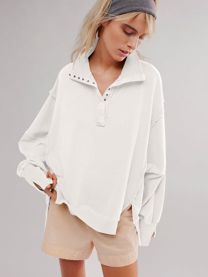 2024Amazon Hot-Selling Design Women's High-Quality Lantern Sleeve Decorative Line Split Collar Loose Sweatshirt