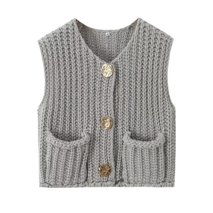 11Color Amazon2024Spring and Autumn New Women's Fashion European and American Style Pocket Sleeveless Short Knitted Cardigan Vest