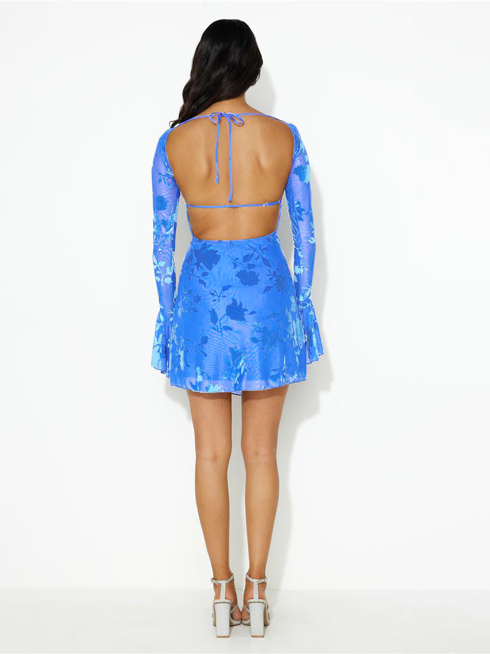 2025Foreign Trade Autumn Sexy Backless Women's Dress Printed Backless Tie Mesh Splicing Flared Sleeve Short Dress