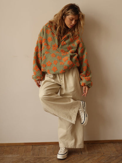Cross-border fleece floral sweatshirt Europe and America2025Autumn and Winter New Fashion Sweatshirt Warm Fuzzy Sweatshirt Fleece Top for Women