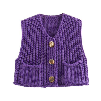11Color Amazon2024Spring and Autumn New Women's Fashion European and American Style Pocket Sleeveless Short Knitted Cardigan Vest