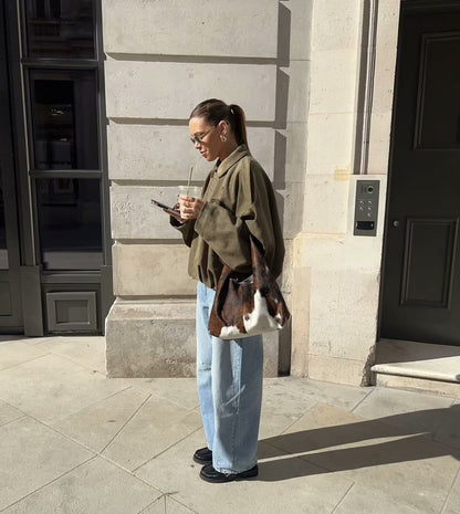 9Wholesale European and American Style2025Spring and Autumn Casual Suede Texture Lapel Bomber Jacket for Women B88824