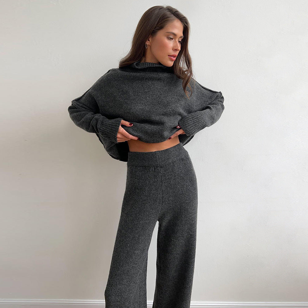 Cross-Border Turtleneck Sweater Set for Women, European and American Style, Autumn and Winter New Loose Casual Thick Knitted Long Pants Set