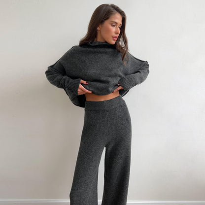 Cross-Border Turtleneck Sweater Set for Women, European and American Style, Autumn and Winter New Loose Casual Thick Knitted Long Pants Set