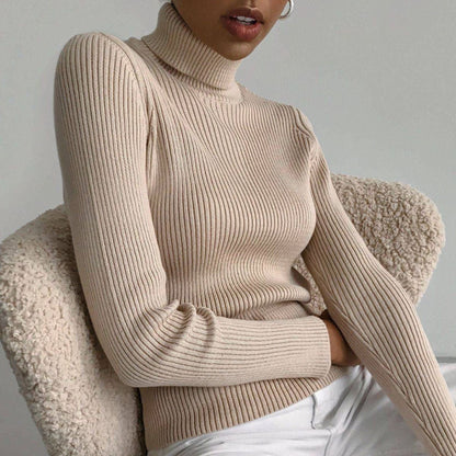 Cross-border Turtleneck Sweater Knitted Base Shirt European and American Style2025Amazon Autumn Knitted Sweater High Neck Pullover Sweater for Women