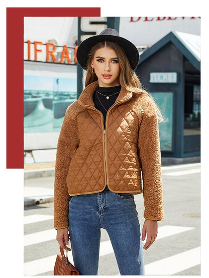 Shiny Velvet2023New Autumn Winter Women's Clothing Cross-border Amazon Cardigan Zipper Long-sleeved stuffed Stitching European and American Coat Women