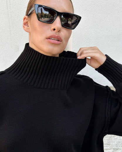 Cross-Border Spliced Turtleneck Sweater for Women, European and American Style, Autumn and Winter New Casual Loose Thick Knitted Pullover