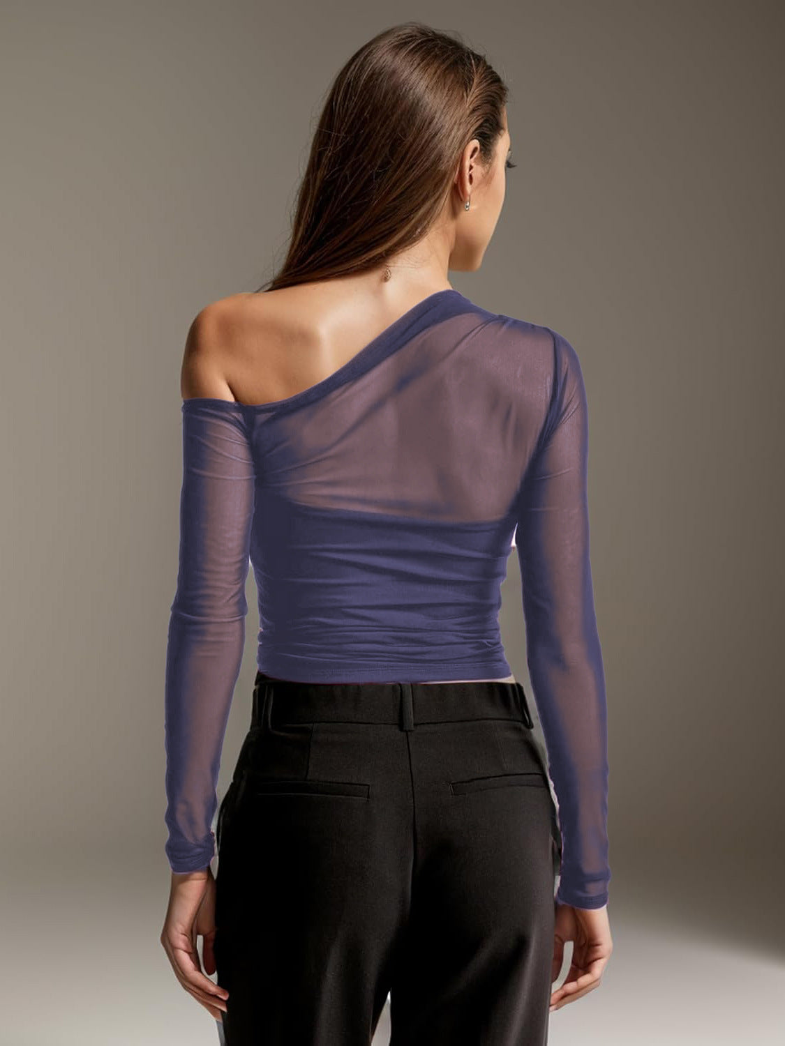 European and American Autumn New Foreign Trade Mesh Patchwork Sheer Asymmetrical Long Sleeve T T-shirt Pure Desire Sexy Unique Regular Shoulder Top