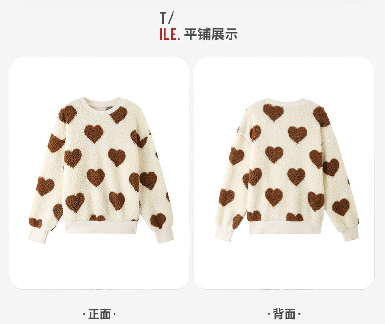 Shiny Velvet2023Cross-border Women's Fashion European and American Style Autumn Winter New Plush Heart Print Loose Long Sleeve Round Neck Pullover Sweatshirt