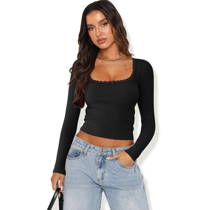 New Long Sleeve t T-shirt Women's Clothing wish Cross-border Trendy Brand Slim Fit Lace Patchwork Hot Girl Top U Collared Base Shirt