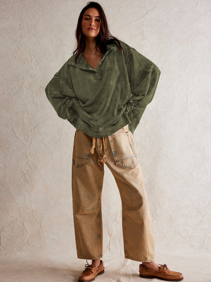 Sultyra Decorative Line Design Sense Top with Slit Lantern Sleeves polo