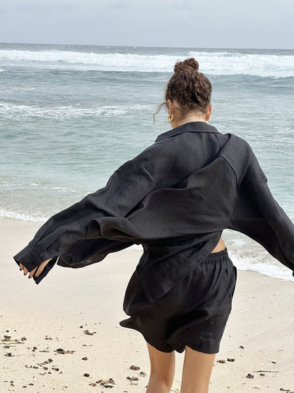 Cross-border pure cotton cardigan long sleeve shorts set2025Spring and summer outerwear simple solid color European and American style casual suit for women