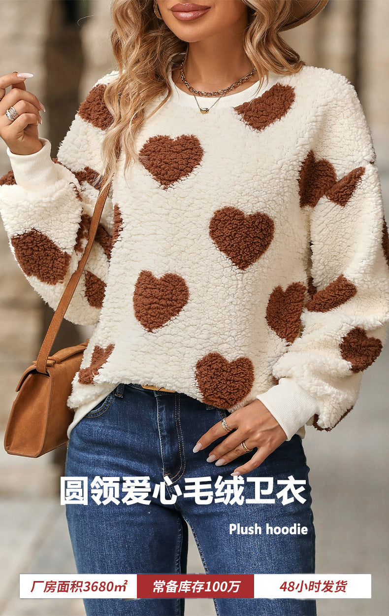 Shiny Velvet2023Cross-border Women's Fashion European and American Style Autumn Winter New Plush Heart Print Loose Long Sleeve Round Neck Pullover Sweatshirt