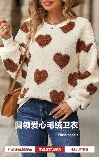 Shiny Velvet2023Cross-border Women's Fashion European and American Style Autumn Winter New Plush Heart Print Loose Long Sleeve Round Neck Pullover Sweatshirt
