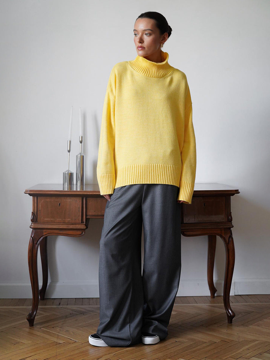 Cross-Border2025Hot-Selling European and American Style Autumn Winter Solid Color High Neck Knitted Sweater Loose Slimming Versatile Knitted Sweater for Women