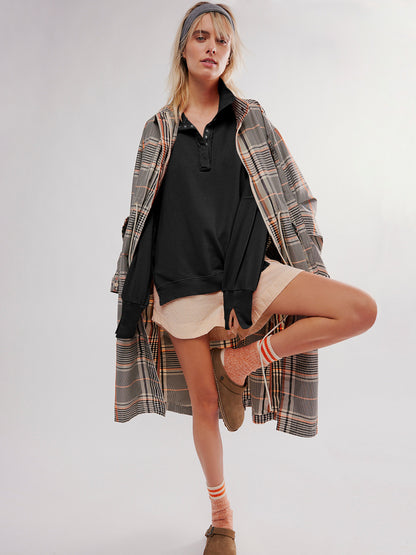 2024Amazon Hot-Selling Design Women's High-Quality Lantern Sleeve Decorative Line Split Collar Loose Sweatshirt