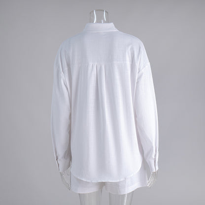 Cross-border pure cotton cardigan long sleeve shorts set2025Spring and summer outerwear simple solid color European and American style casual suit for women